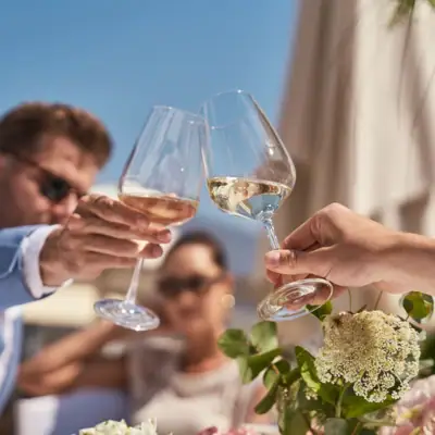 Un gruppo di persone che brinda con bicchieri di vino.